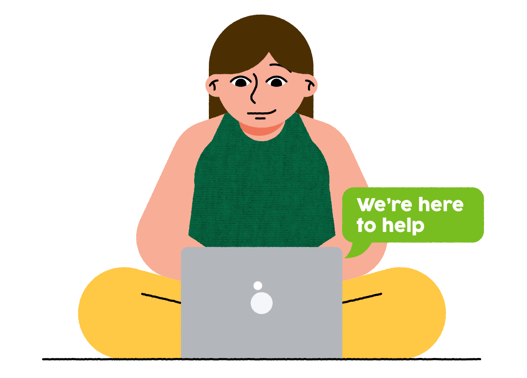 Illustration of a young person using a laptop to access support via video chat 