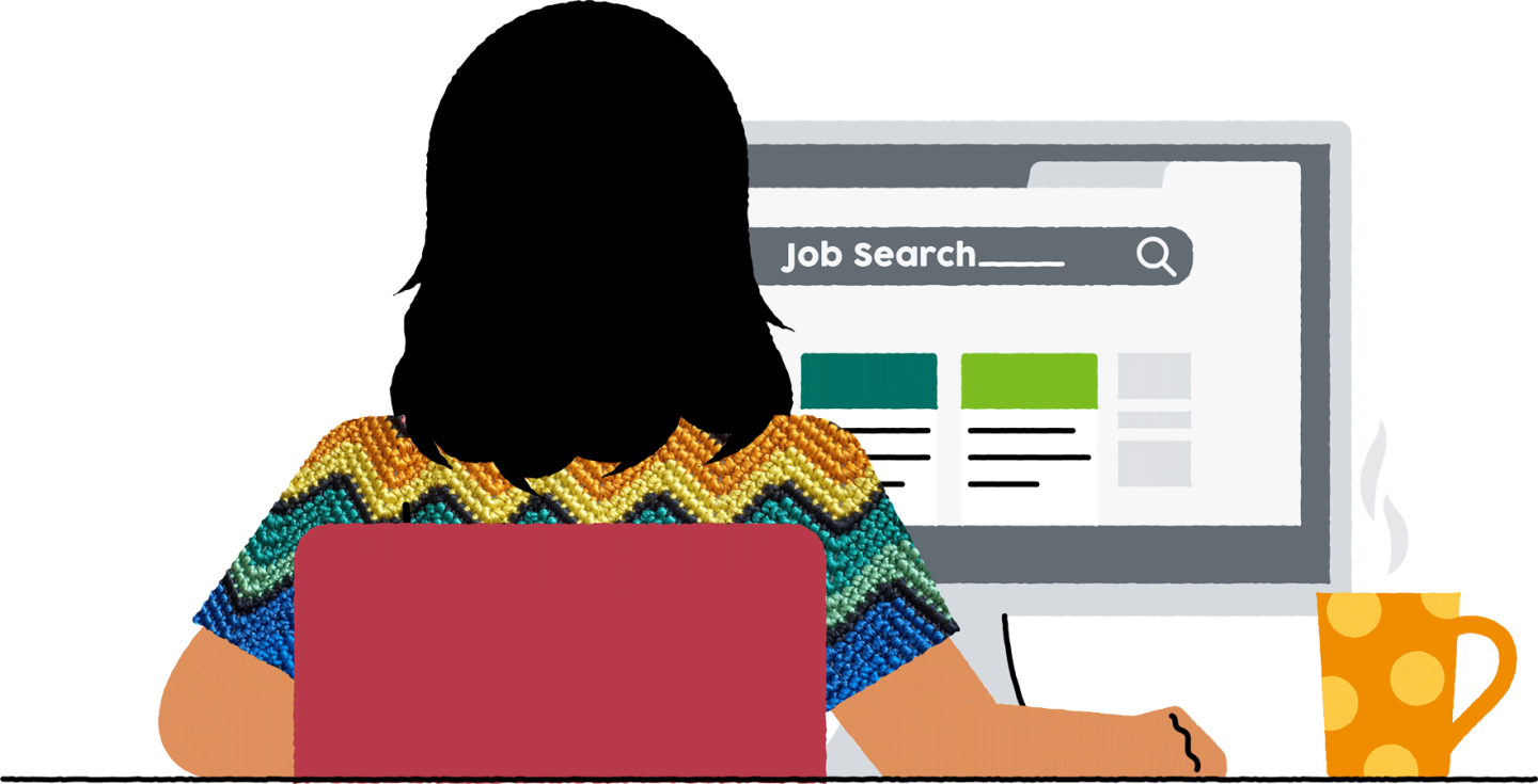 Illustration of a young person using a computer to search for job