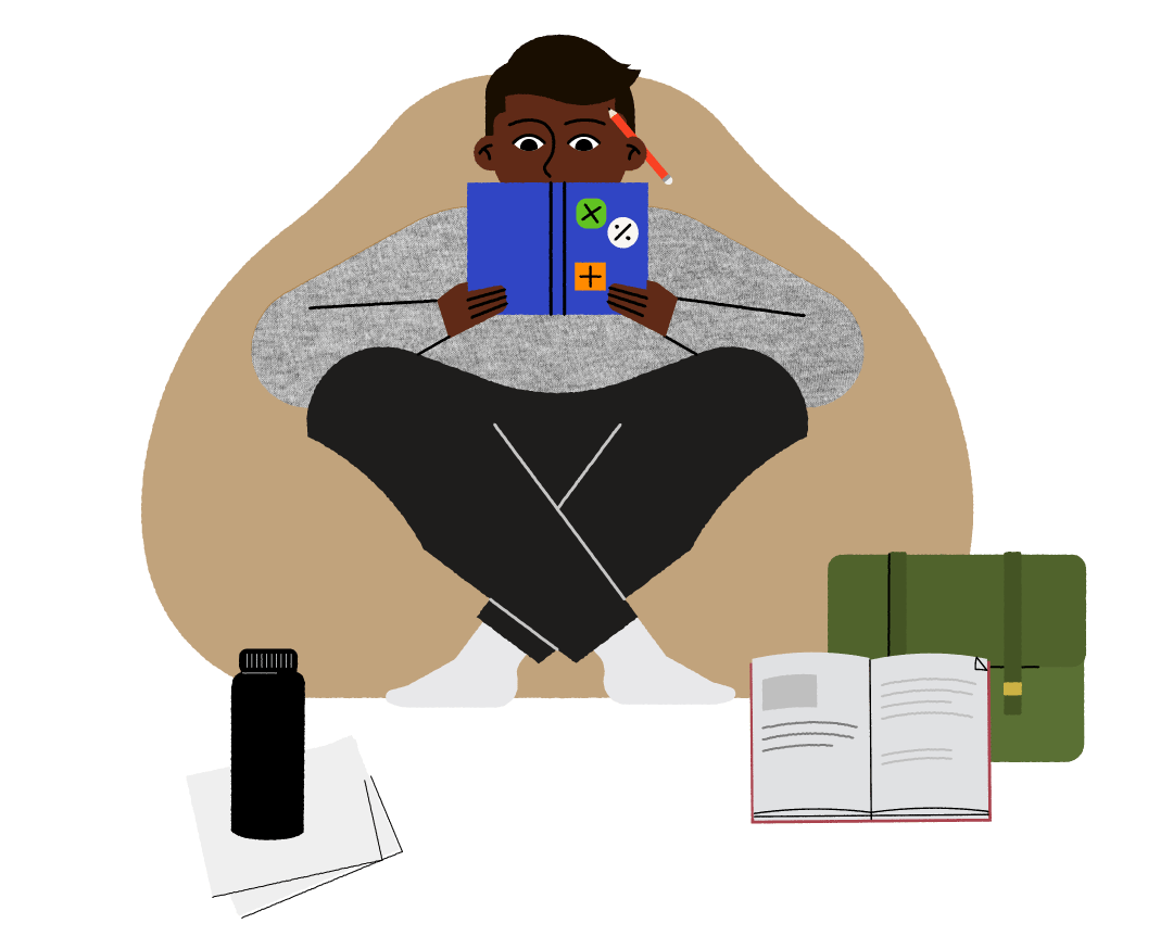 Illustration of a young person sitting on a bean bag studying